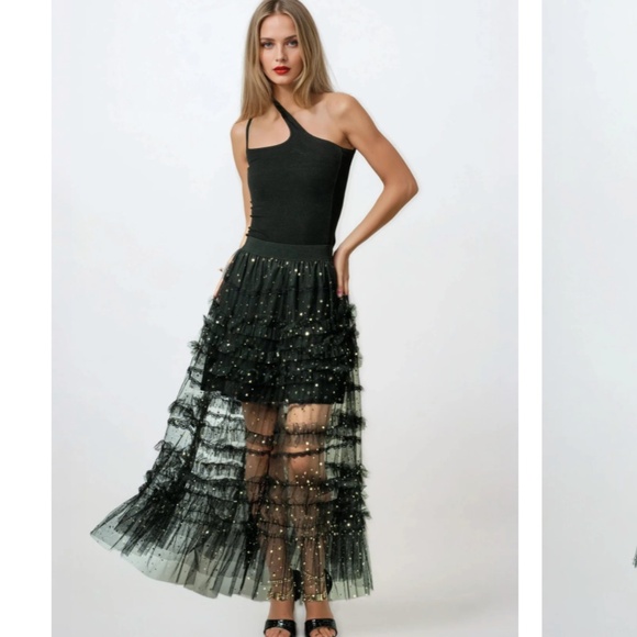 KATE HEWKO - Black & Gold Star Tiered Tulle Constellations Skirt - One Size - Picture 3 of 14